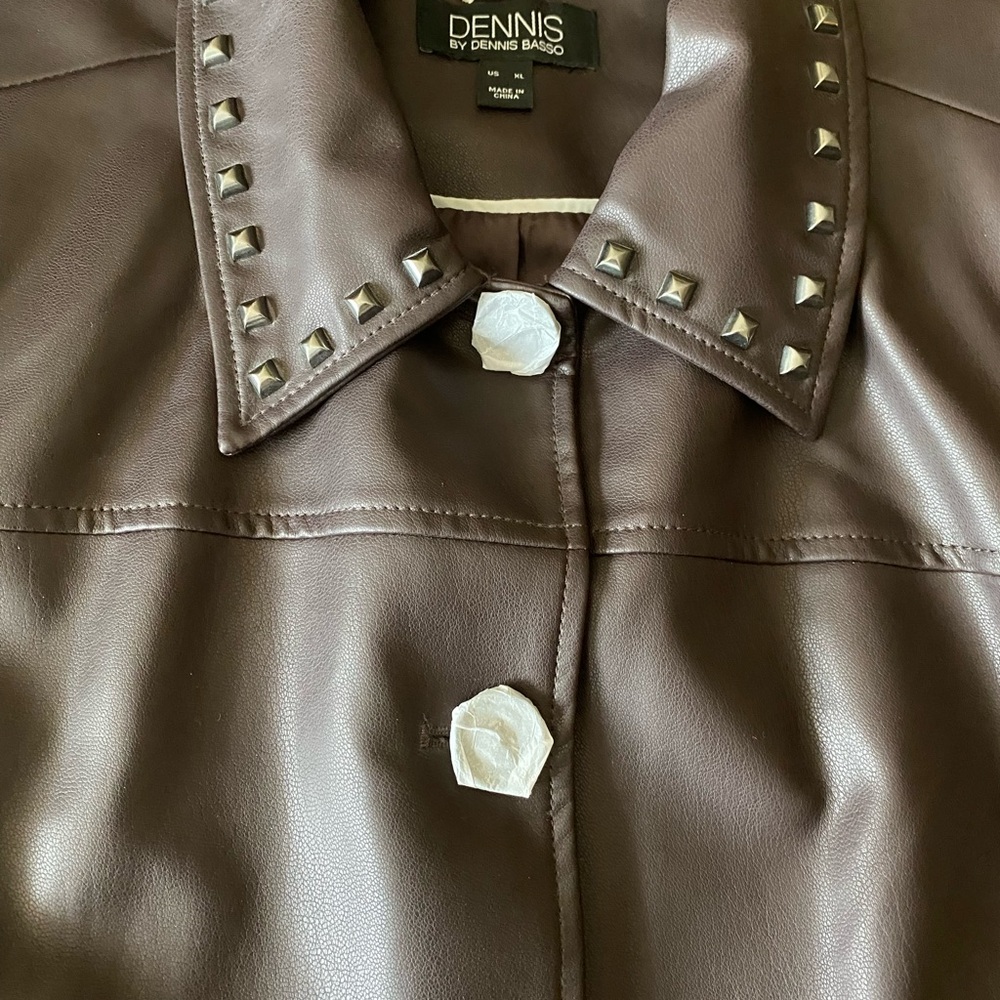 Dennis Basso Dark Brown Faux Leather Silver Rock Stud Jacket
